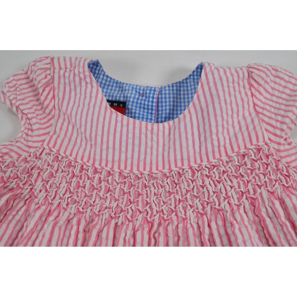 Tommy Hilfiger Vintage‎ Girls Dress Seersucker Pink Striped Size 12-18 Months